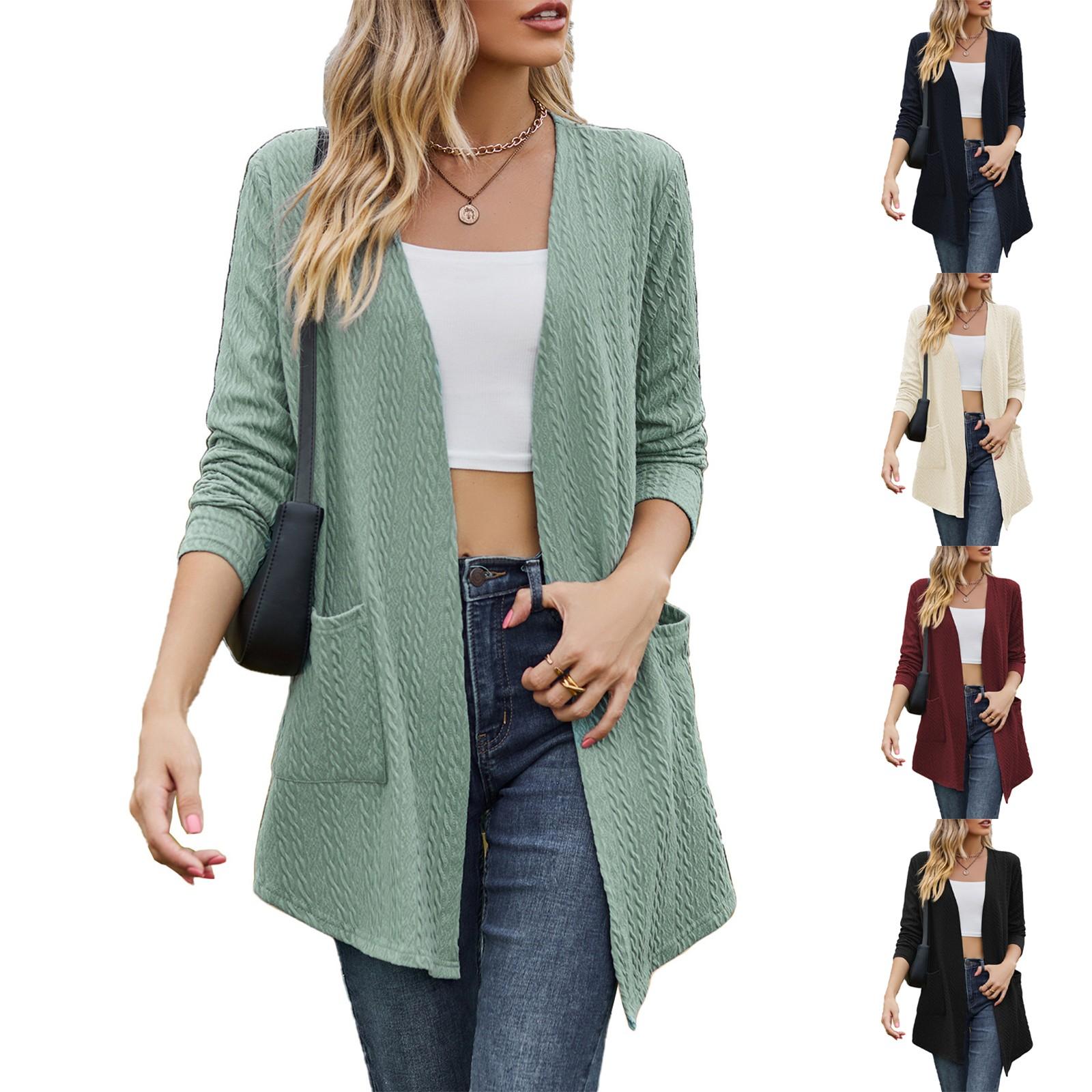 

Women s Fashionable Casual Solid Color Long Sleeved Pocket Loose Cardigan Jacket L зелений
