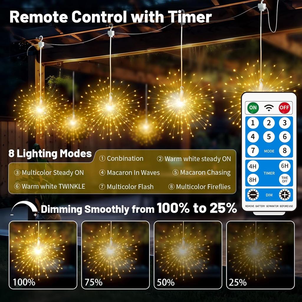Solar Firework Lights, 6 Pack 1200LED Starburst Sphere, Waterproof, 8 Modes, Remote-Controlled, USB Rechargeable, Dimmable Timer