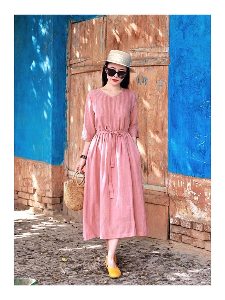 2026 Summer Cotton Linen V-Neck Artistic Long Dress for Women