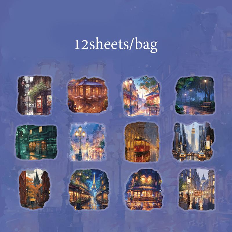12pcs/bag PET Sticker Pack Romantic Rainy Season Window Night View Pattern Atmosphere Stickers DIY Envelope Gift Memo Decoration