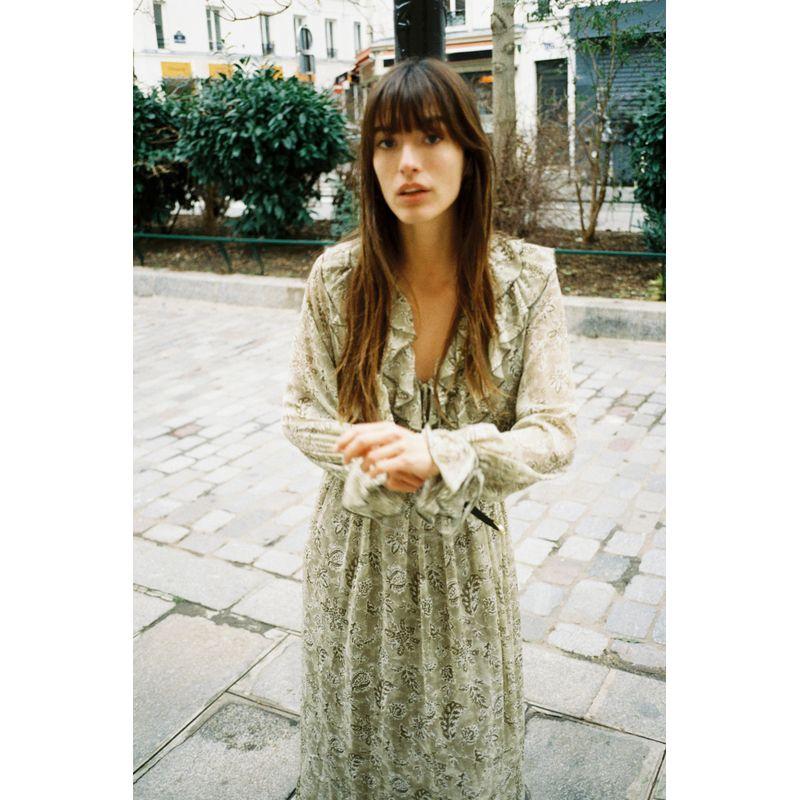 

Zaprha 2025 New Arrival Elegant Graceful Belt Laminated Decoration Print V-neck Long-Sleeve Dress 5029057 Light green/Print L