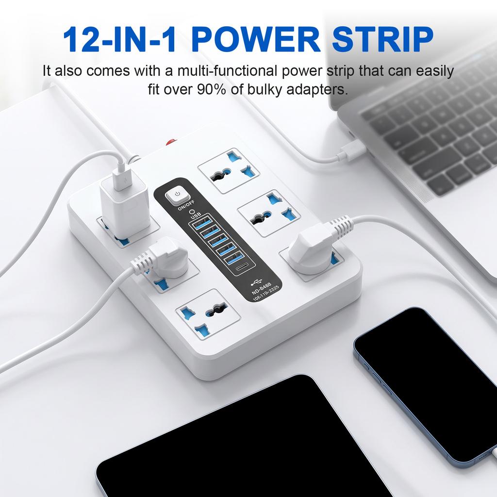 12-In-1 Desktop Power Strips Surge Protection Safety Door Powers Strips with 6 USB Ports&LED Light for Office Home Tech Setup