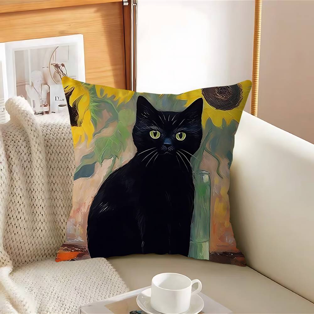 Svart Katt Kuddfodral Avtagbart Tvättbart Kuddöverdrag – Mjukt Linne för Alla Årstider