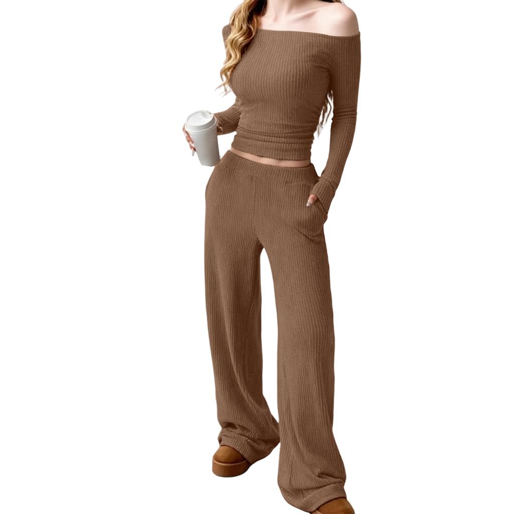 Women's Long-sleeved Top And Elastic Waist Wide-leg Pants Fashion Casual Suit