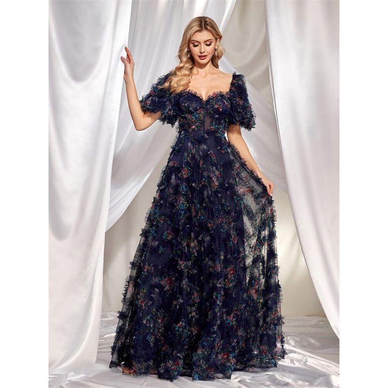European and American New Style Evening Wear, High-End Evening Dress, Short-Sleeved Slim-Fitting Party Banquet Dress, Birthday Photo Shoot Dress Navy blue S