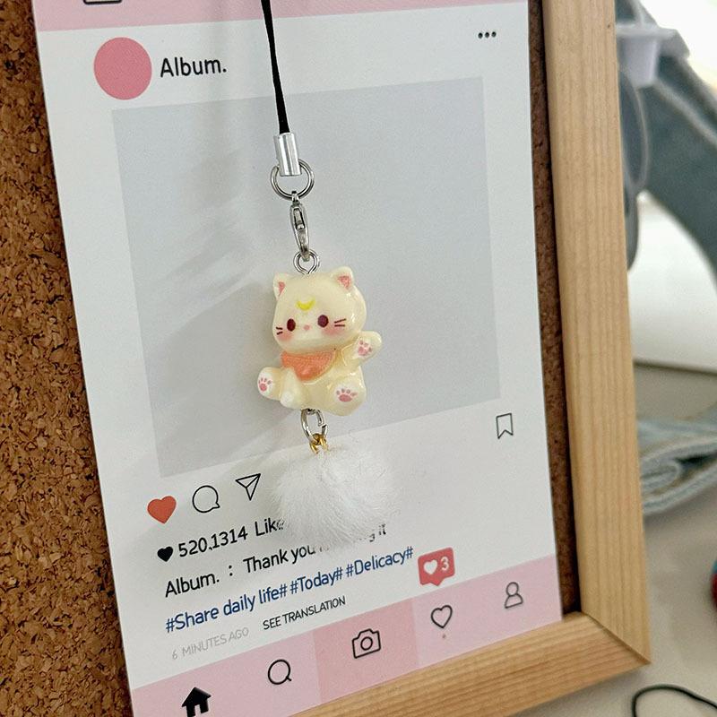 Cartoon Kitten Plush Ball Keychain Anti Lost Phone Charm Pendant Cellphone Chain Phone Lanyard Strap Women Girls