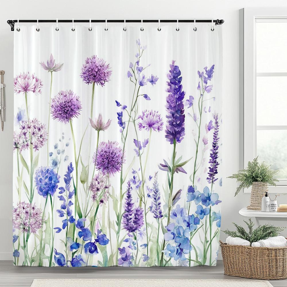 1PC Purple Flowers Shower Curtain,  Watercolor Floral and Plants Bathroom Decorative Curtain,Polyester Home Curtain with Hooks