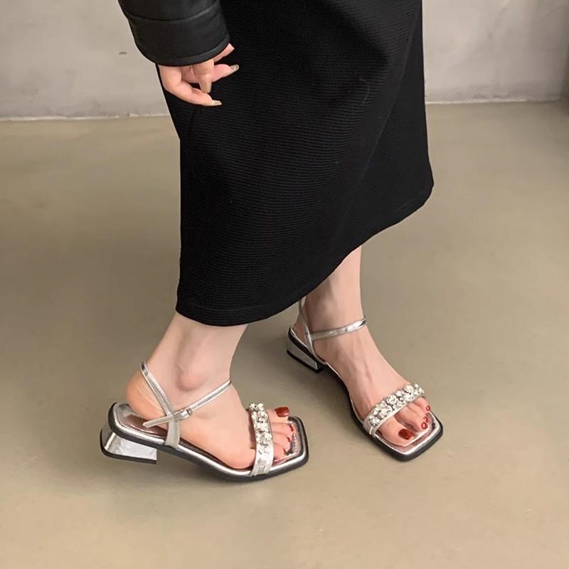 One-word Buckle with Sandals Female New Rhinestone Temperament Fairy with Skirt Thick Heel Silver Shoes