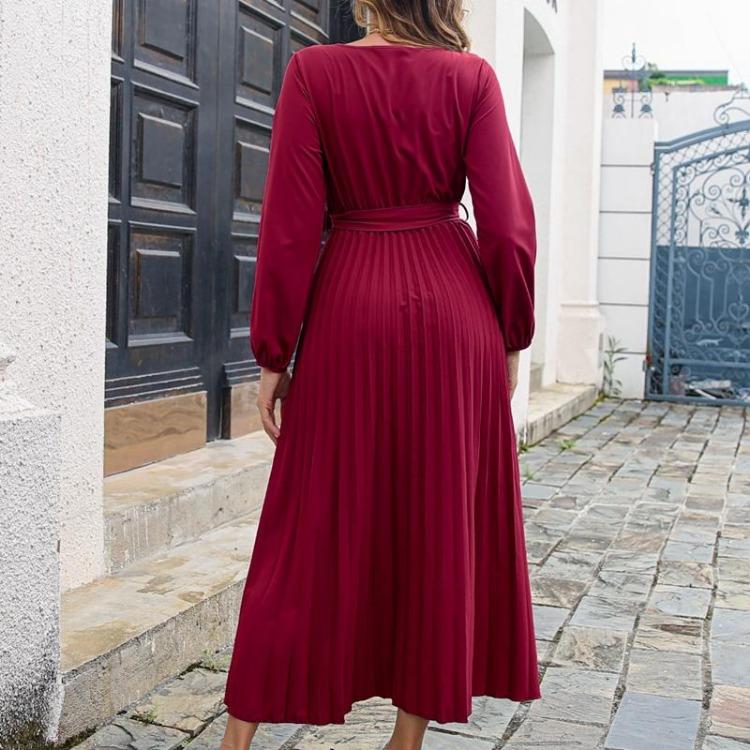 Women Long Sleeve Maxi Dress Autumn Winter V Neck Lace Up Solid Color Pleated Temperament Sizes S to XXXL