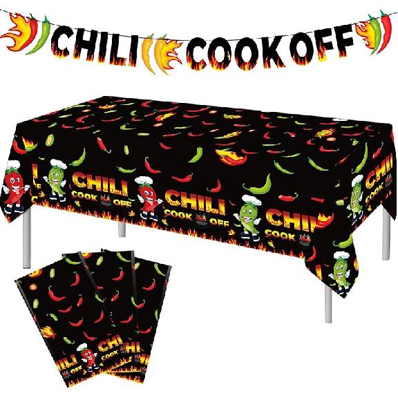 10 Pcs Chili Cook Off Decorations Set Chili Cook Off Banner Chili Pepper Disposable Tablecloth Plastic Table Cover Balloons Fire Balloons Chili
