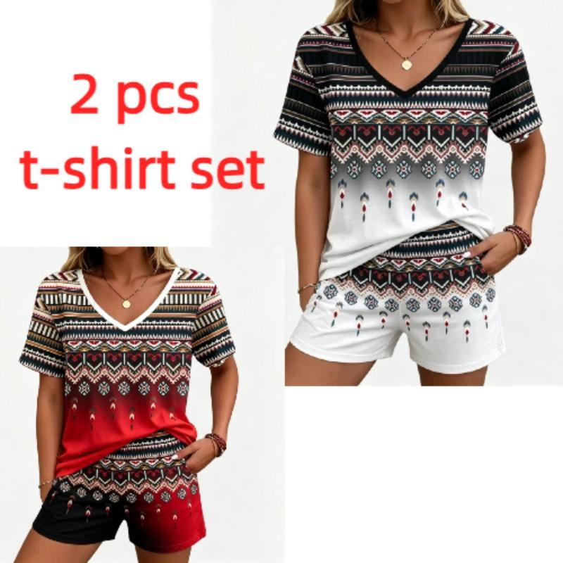 Summer Fashion Ethnic Style Pattern Printed V Neck Short Sleeved T-Shirt And Shorts Set Men's and Women's T-shirt Shorts Set