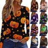 Women's Casual Long Sleeve V-Neck Halloween Print T-Shirt with Decorative Buttons