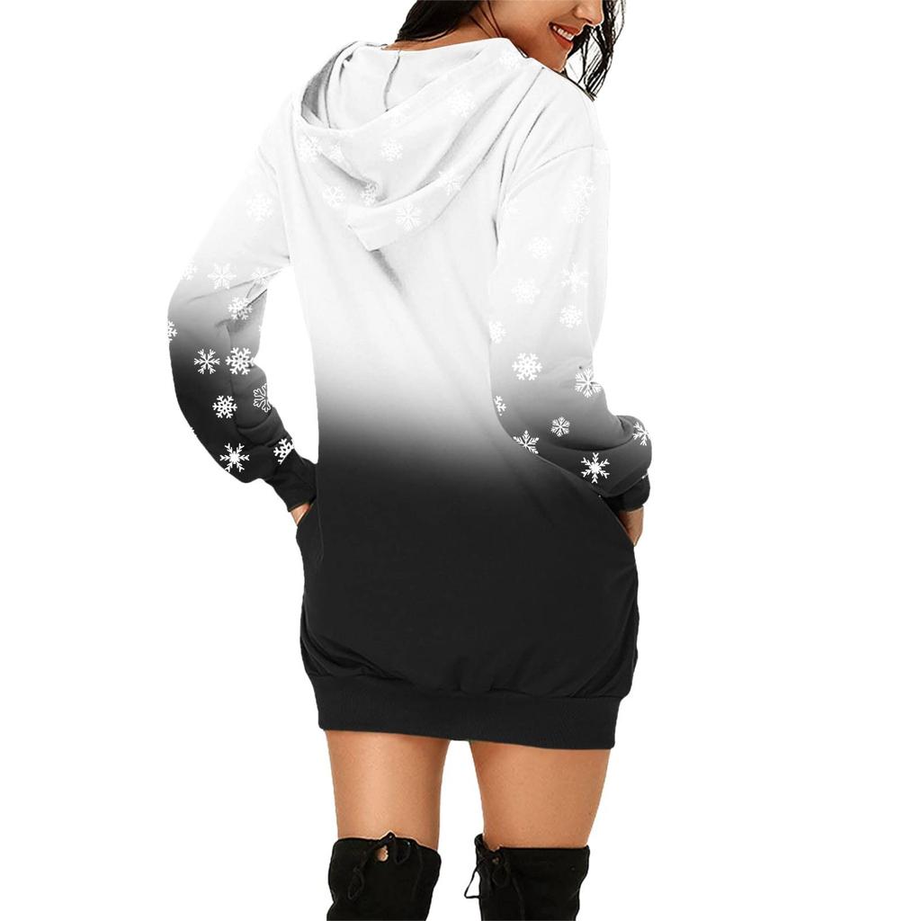 Women's Fashion Christmas Printed Pockets Long Sleeve Hoodies Pullover Dress