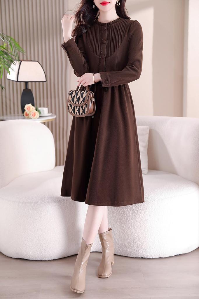 Chubikime Long Sleeve Dress with Ruffles and Crew Soft Corduroy Warm and Flattering for Fall and Perfect for Work or Casual Wear Women's Midi-Length