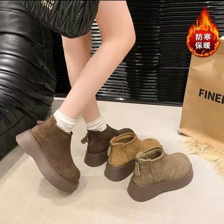 Suede round head thick bottom fleece warm Birkenstock short boots 2025 winter new British wind two cotton snow boots women
