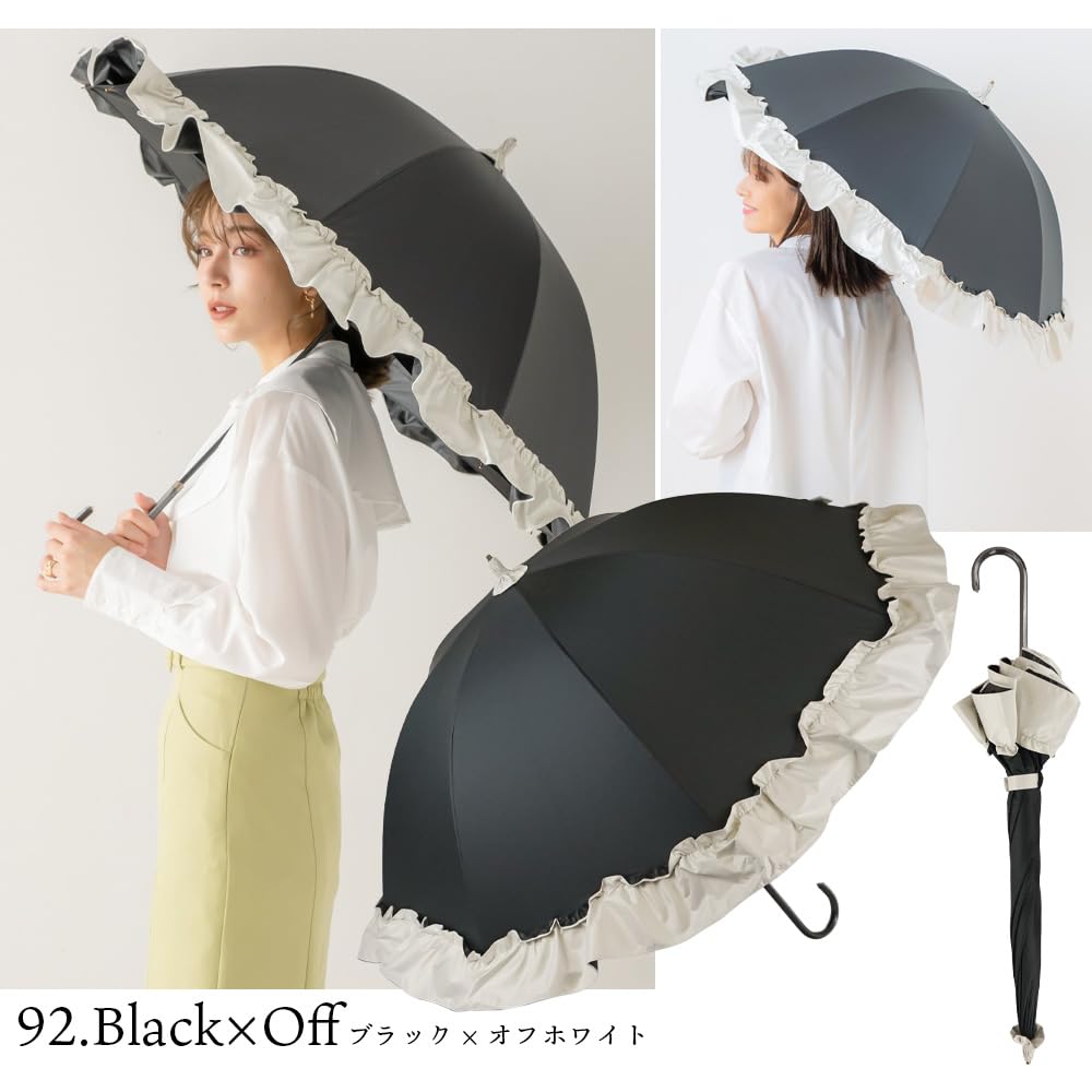 55cm Ruffled Short Perfect for Sun and Light UV Super Water with Big Black and [Makocca] Women's Umbrella, Rain, 100% Blocking, Protection, Repellent,