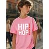 European sizes Boys' Short-Sleeve Hip-Hop Street Style Print T-Shirt with a Black Background, White Text, And Red Stripe Design