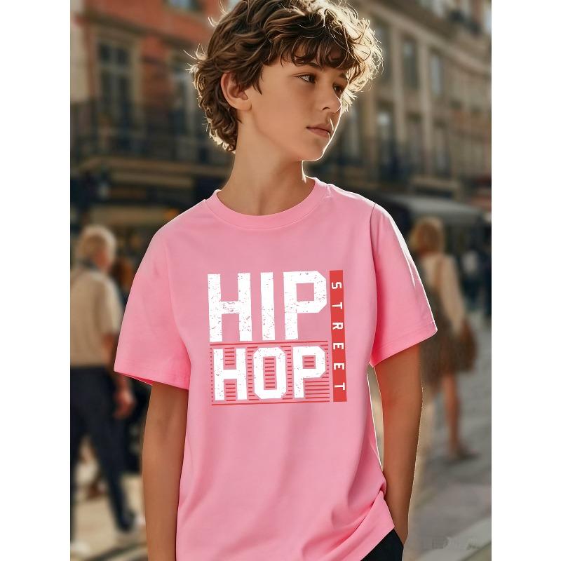European sizes Boys' Short-Sleeve Hip-Hop Street Style Print T-Shirt with a Black Background, White Text, And Red Stripe Design