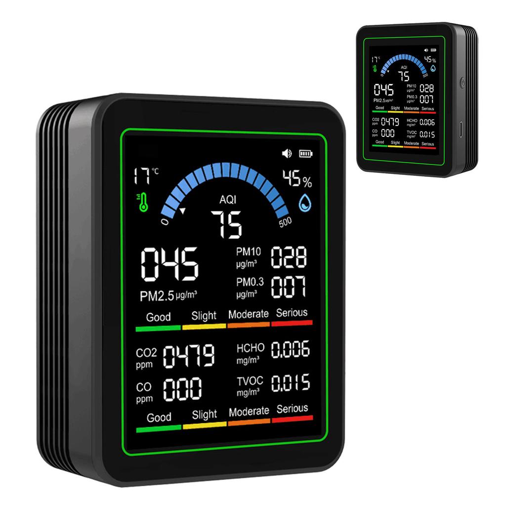 10-in-1 Luftqualitätsprüfer CO2 TVOC HCHO PM2.5 PM10 PM10 PM0.3 Tragbarer Luftdetektor Schwarz