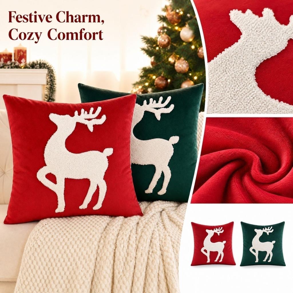 18*18 Inches Christmas Velvet Throw Cover with Embroidered Deer, Decorative Cushion Cover for Couch Sofa Bedroom (Cover )