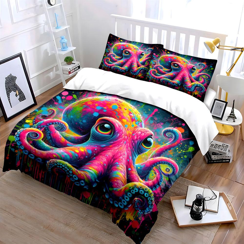 Colorful Octopus Artwork Set Decor Multiple Sizes Kid'S And Adults' Bedroom Exquisite 3Pc Bedding Set, Gift