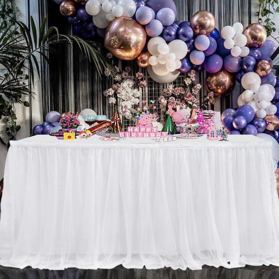 Tulle Table Skirt for Rectangular Tables White Pleated Table Cloth 6Ft/9Ft Wrinkle Free Tablecloth with Tutu Skirt Party Banquet Cake Table Decoration