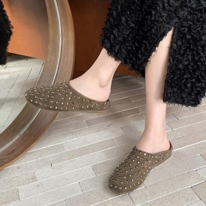 Fashion Spring New Style Flat Shoes Women's Fashion Round Head Deep Mouth Rivet Soft Sole Anti-slip Wear-resistant Flat Shoes