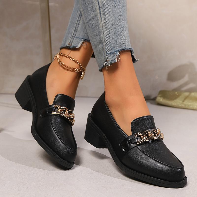 fashion Metal Chain Decor Women's Loafers Shoes 2024 Plus Size PU Leather Thick Heel Pumps Woman Fashion Soft Sole Slip On Dress Shoes
