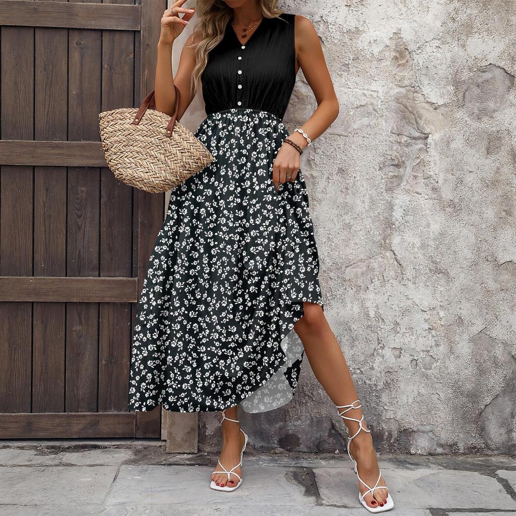 Women's Casual And Fashionable V-neck  Sleeveless Printing Mid Length Dress