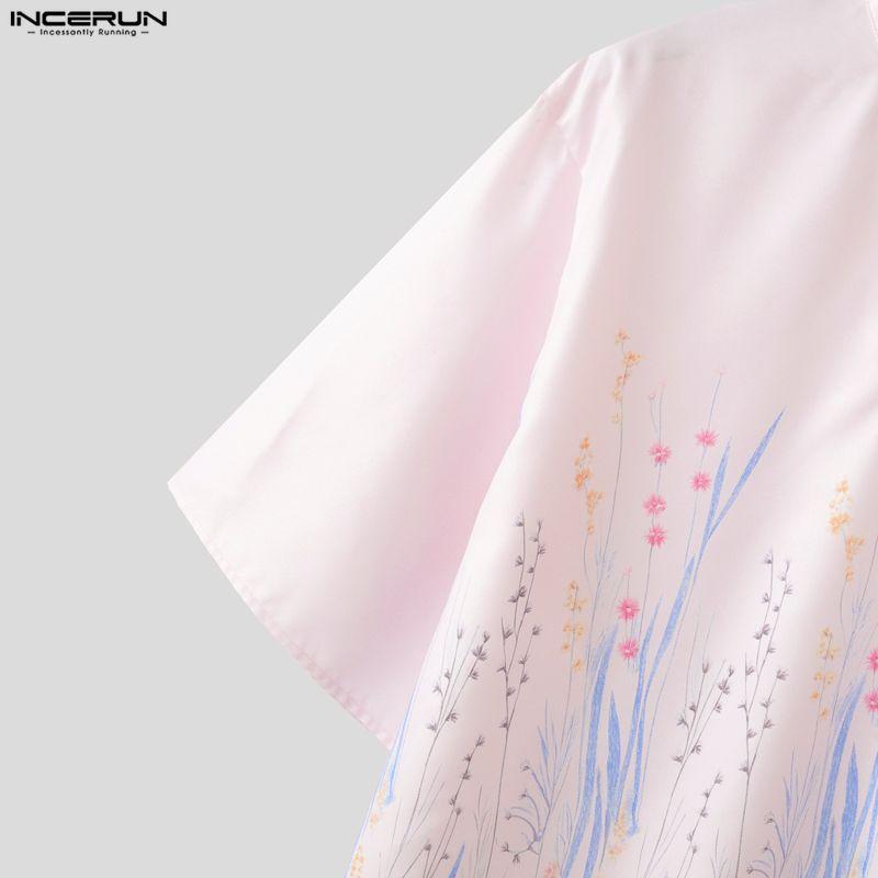 INCERUN Oversized Summer Men Lapel Neck 3/4 Sleeve Buttons Print Casual Shirts Tops