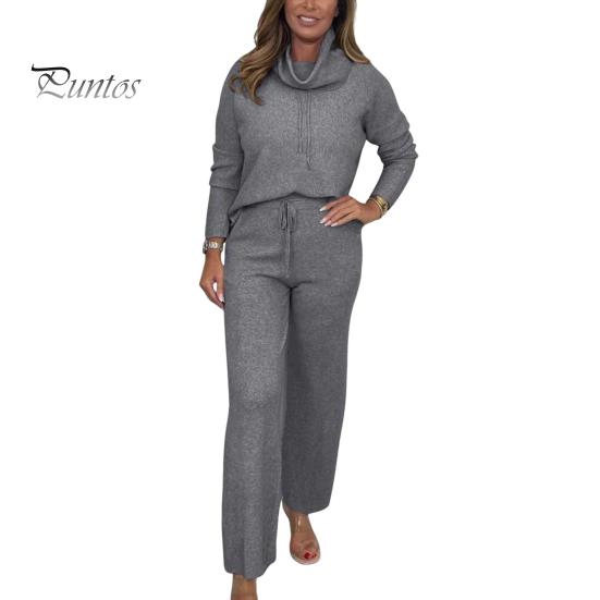 

2 шт./комплект женский топ брюки костюм высокий воротник длинный рукав однотонный спортивный свитшот завязывающийся на шнурок эластичный пояс широкие брюки фитнес-костюм L