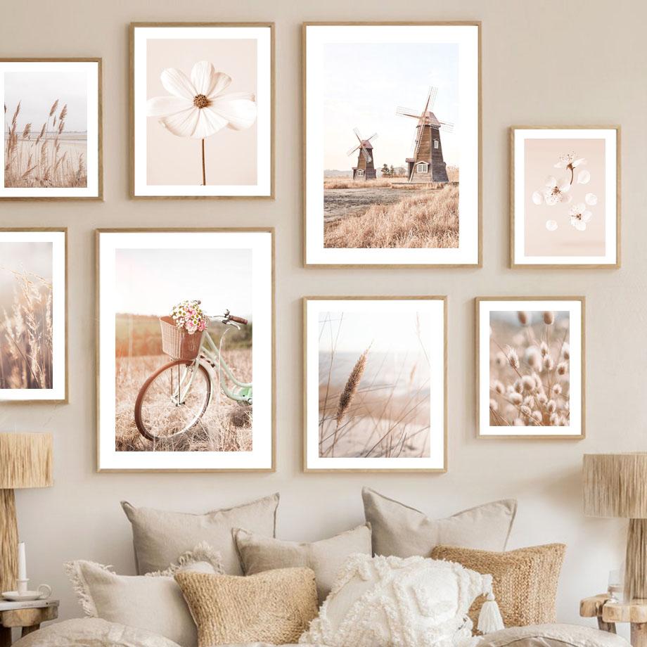 Beige Reed Orchid Bike Landscape Posters And Prints Canvas Painting Wall Art Pictures For Living Room Home Decor Aesthetic