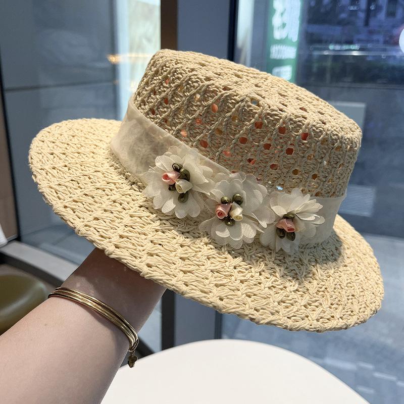 French Hollow Flower Elegant Flat Hat Summer Seaside Breathable Wide Brim Sun Hat Sun Hat Beach Straw Hat