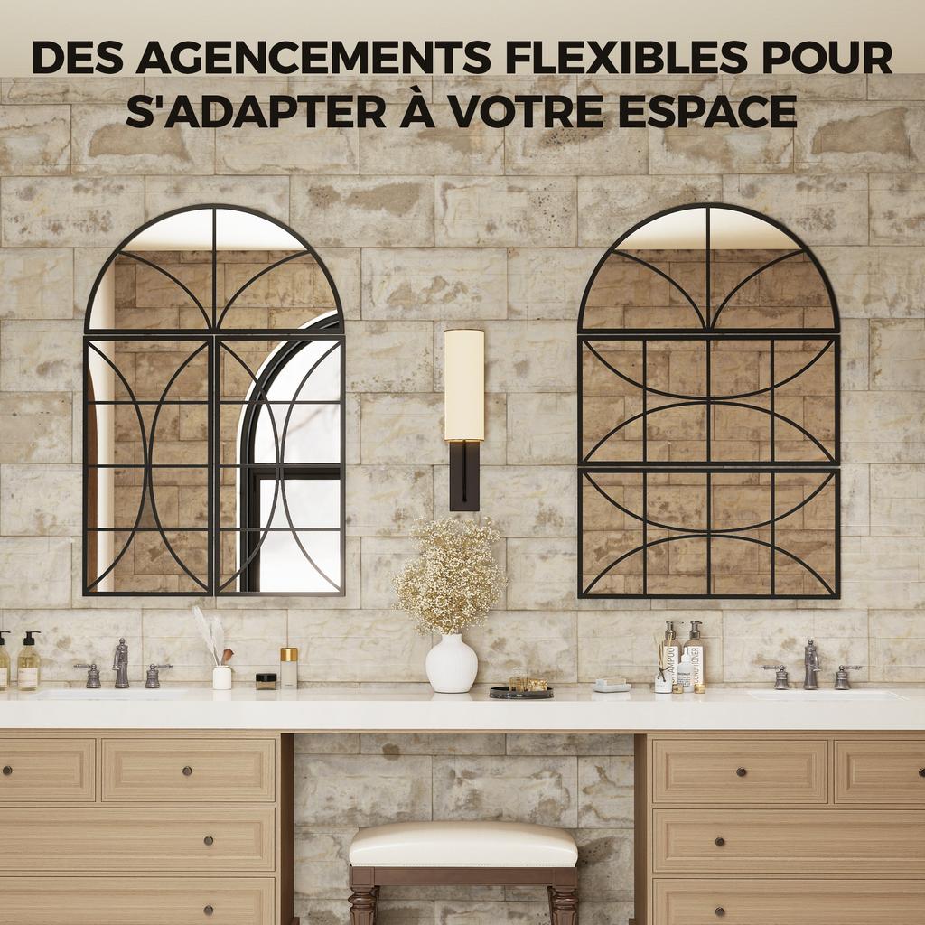 Arched Wall Mirror Set of 3, Window-Shaped, Tempered Glass, 80 x 120 cm, Black