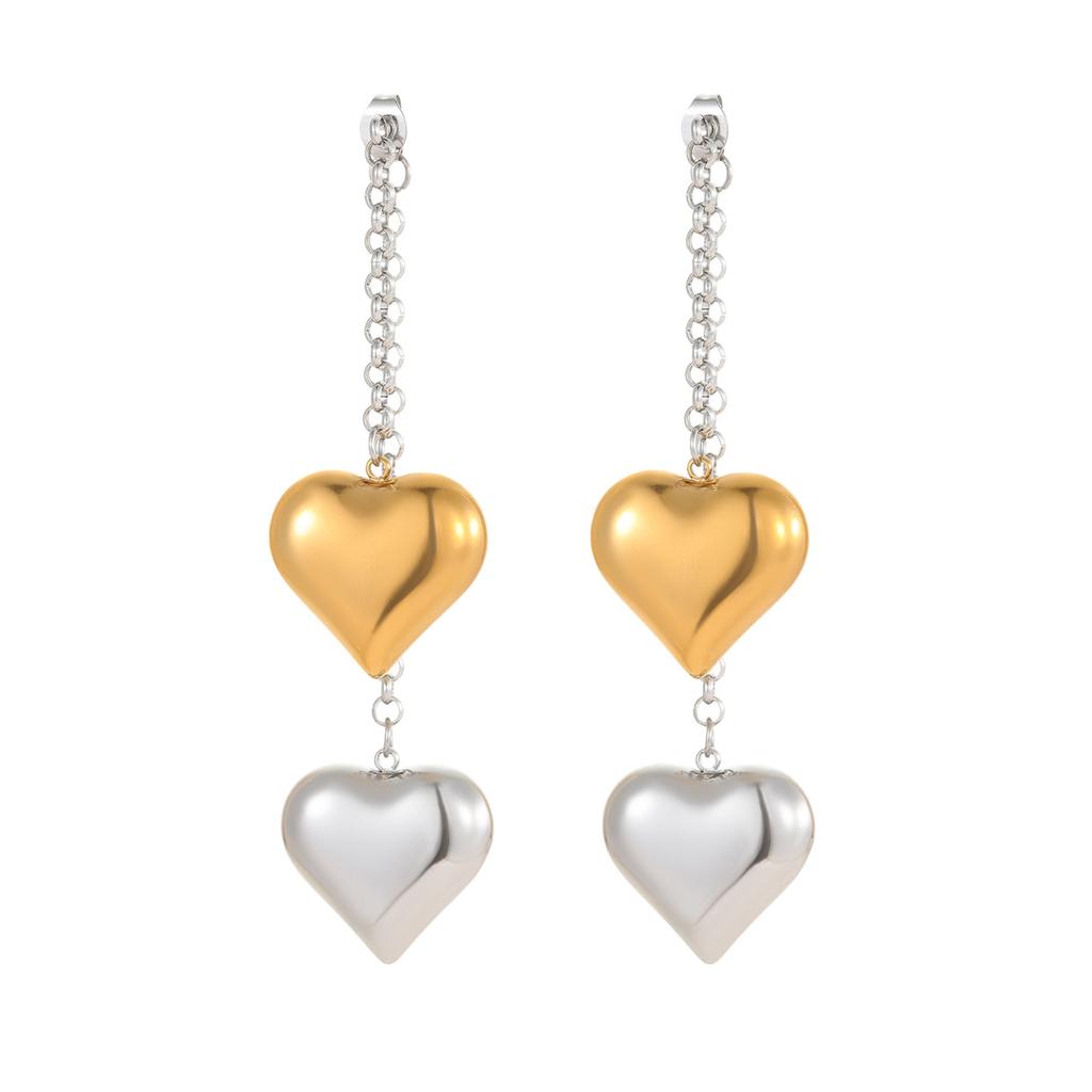 GEMCHIC Women's Two-Tone Heart Drop Earrings Stainless Steel 18K Gold Plated Long Chain Dangle Jewelry