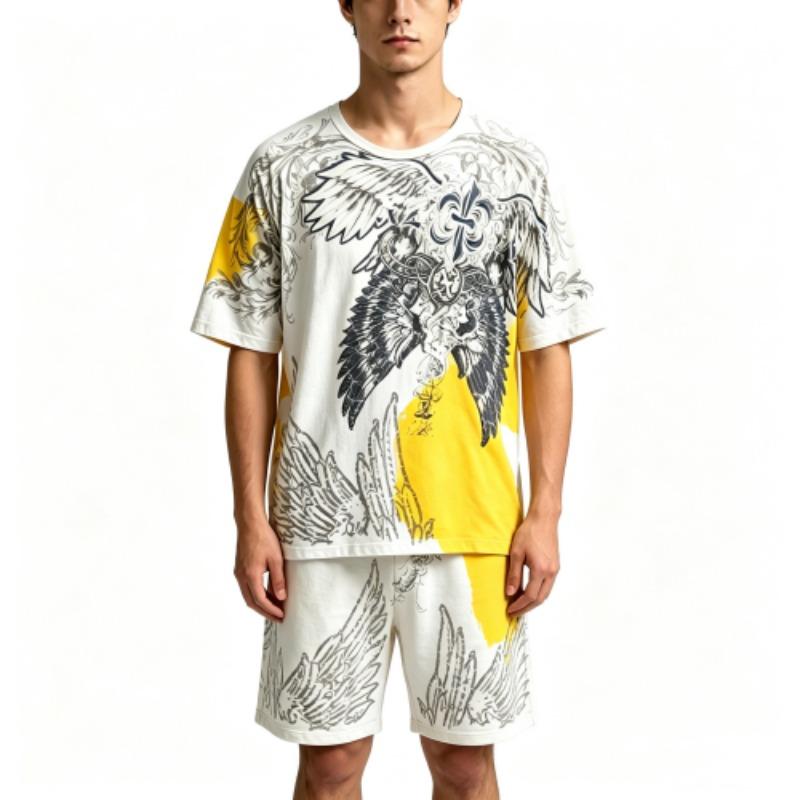 Summer Casual Angel Wing Printed Round Neck Short Sleeved T-Shirt And Shorts Set Men's and Women's T-shirt Shorts Set