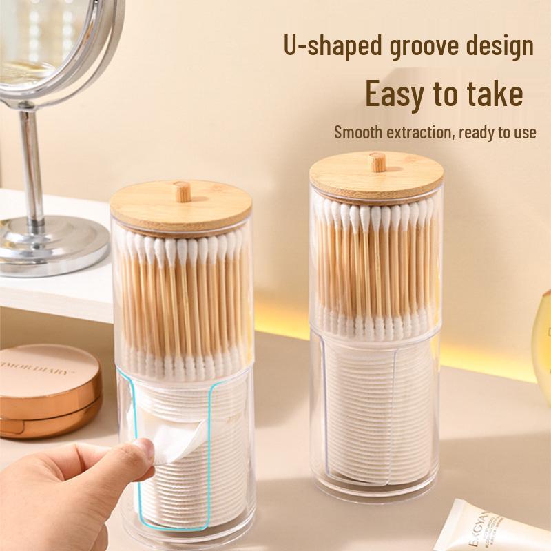 Dual-Layer Cotton Swab & Makeup Pad Storage Box - Clear, Round, Desktop Organizer