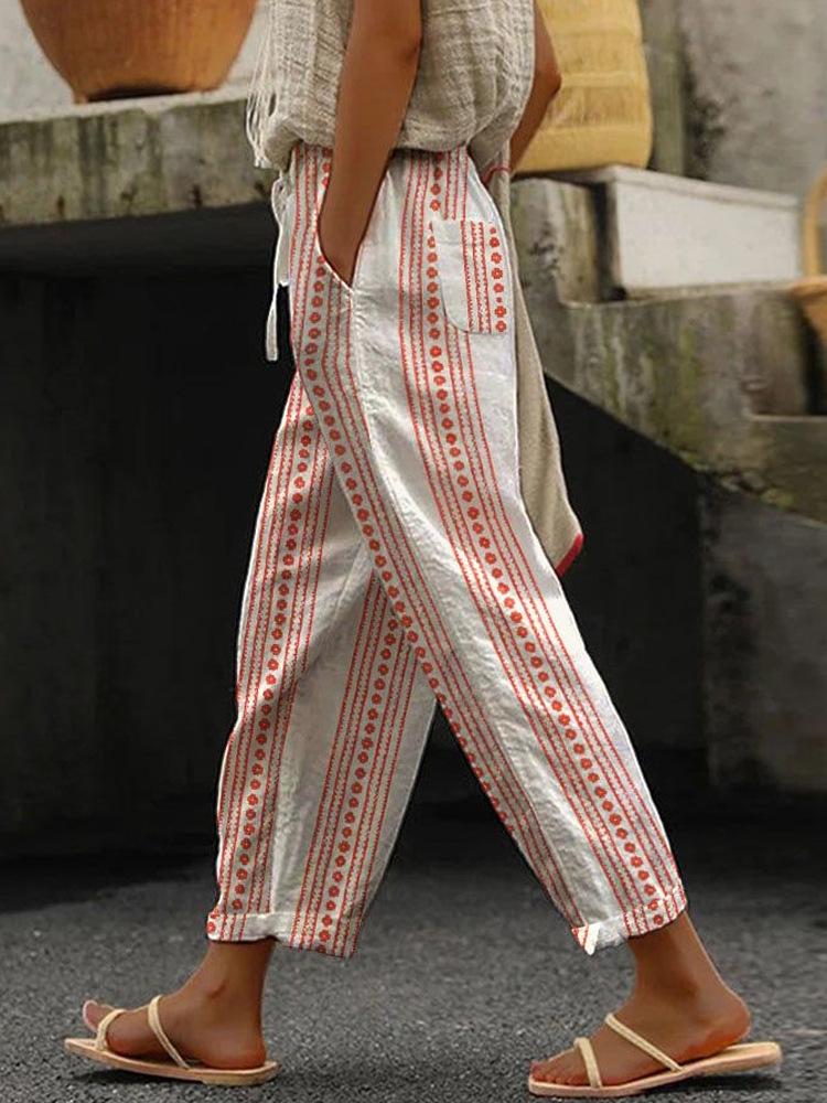 Women's Colorful Striped Wide Leg Pants with Drawstring Waist