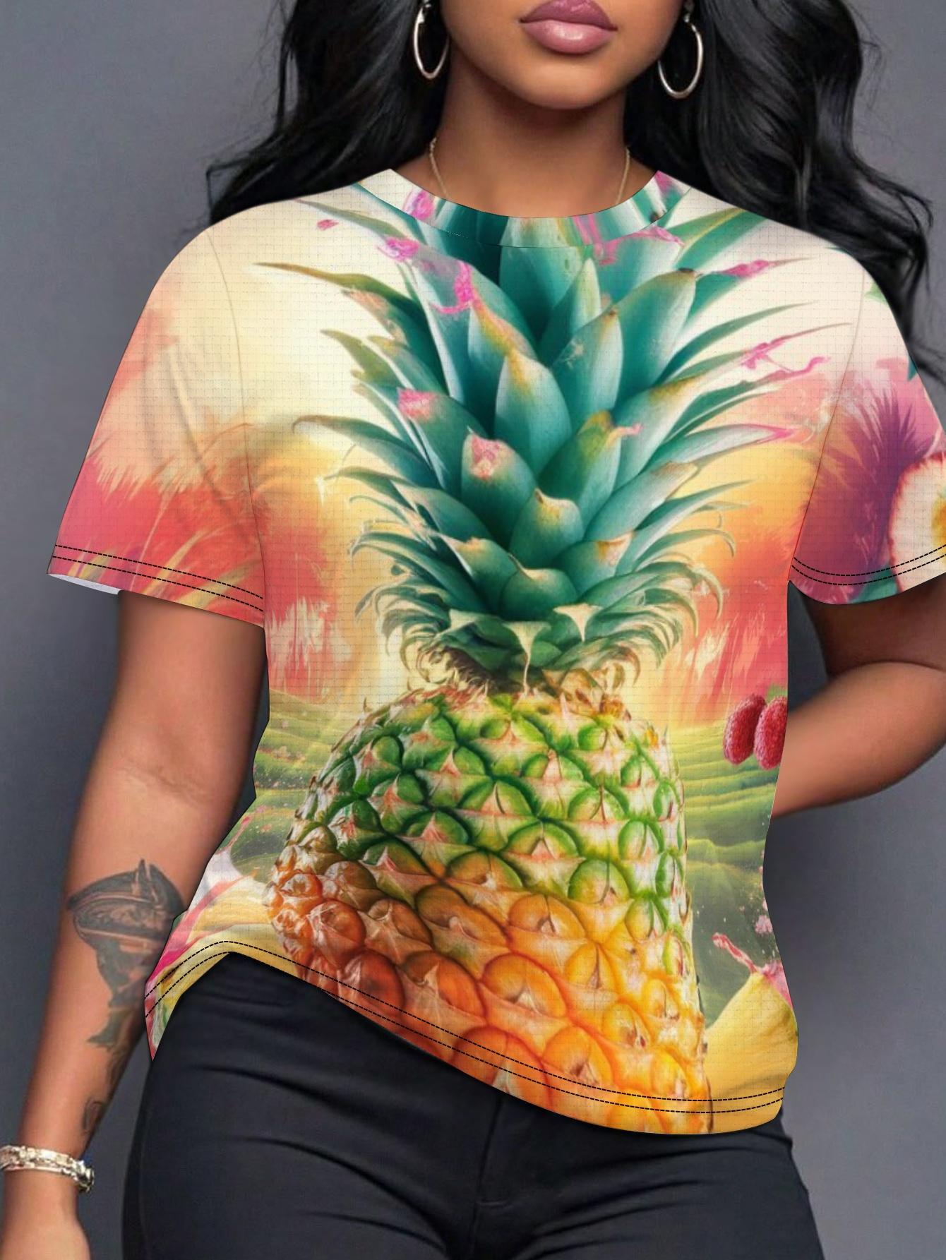 

Women s Summer Short-Sleeve Blouse Shirt with Pineapple ; Lychee Fruit Print - Casual Beach Top. Machine Washable Suitable for Vacations. Picnics. Dai 3XL дубильна кора
