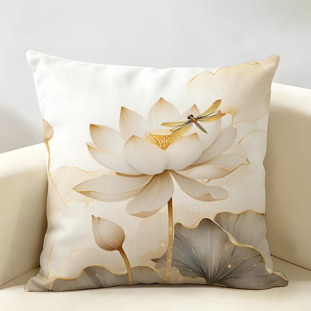 Simpl Pretty Golden Lotus Cushion Cover Durable Hypoallergenic Organic Linen Pillow Cover Short Size Washable Skin-Friendly