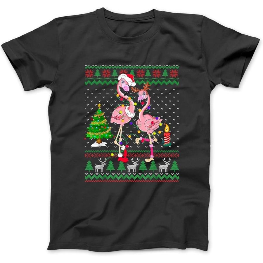 Funny Flamingo Lights Tangled Ugly Sweater Christmas Animals T-Shirt DEC Men s Women s Longsleeve, Sweatshirt Hoodie Black S