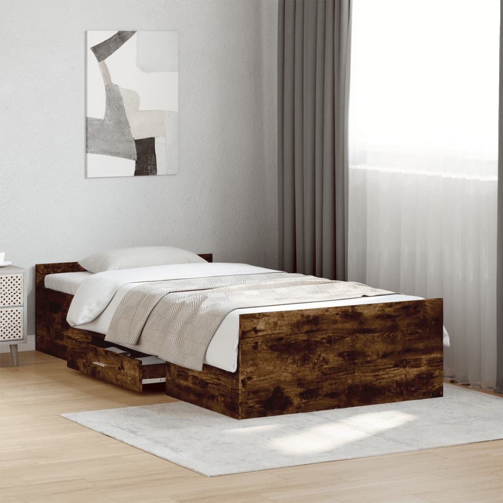 Bed Frame with Drawers Smoked Oak 100x200 Cm Particleboard