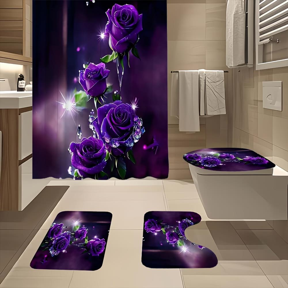 4Pcs Bathroom Shower Curtain Set Purple Rose Bathroom Curtain With 12 Hooks Non Slip Rugs Toilet Cover Mat Bathroom Partition
