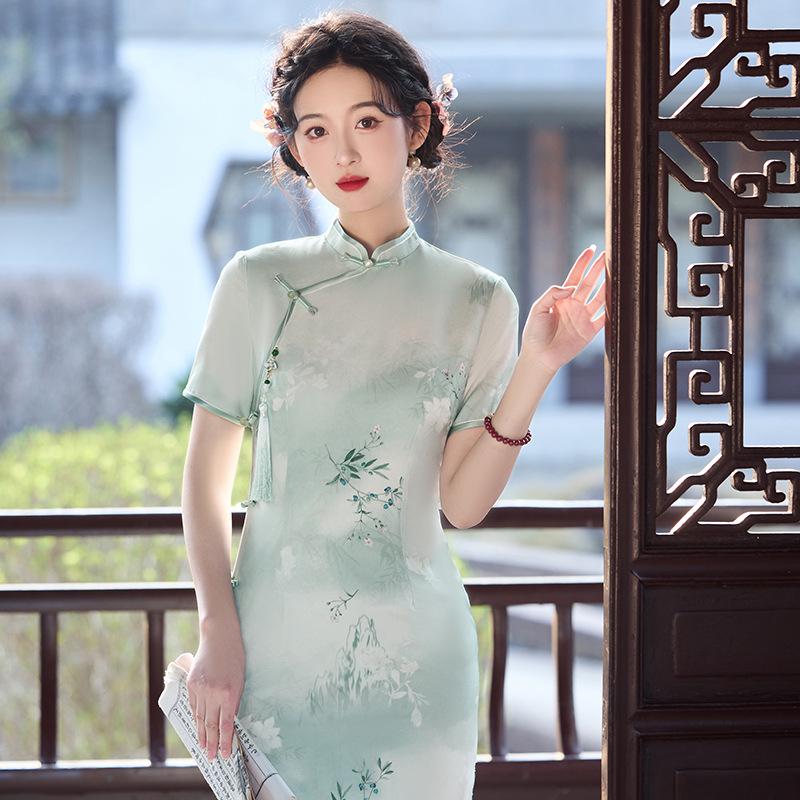 2025 Summer Elegant Long Cheongsam - Young Style with Stand Collar & Slit