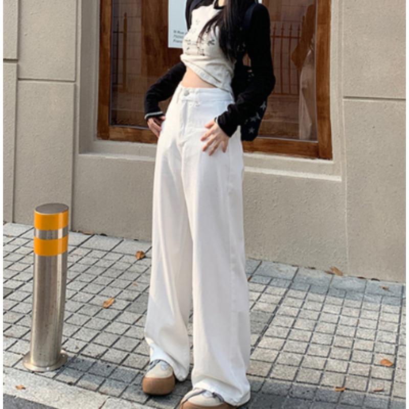 White Wide-leg Jeans Women's Autumn Versatile High-waisted Loose and Thin Drape Straight Pants Soft Drape High Rise White Wide Leg Denim