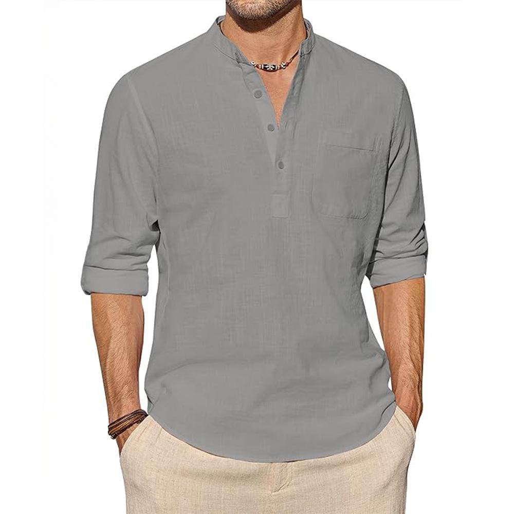 Herren Baumwoll-Leinen-Hemden Langarmhemd Lässige Strandhemden Henley T-Shirt Urlaubsoberteile mit Tasche Männer Streetwear