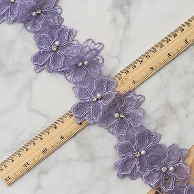 2 Meter 3D Perlen Blumen Spitze Besatz Band Floral Applikation Bestickte Spitze Stoff zum Nähen Handarbeit DIY Bastelbedarf
