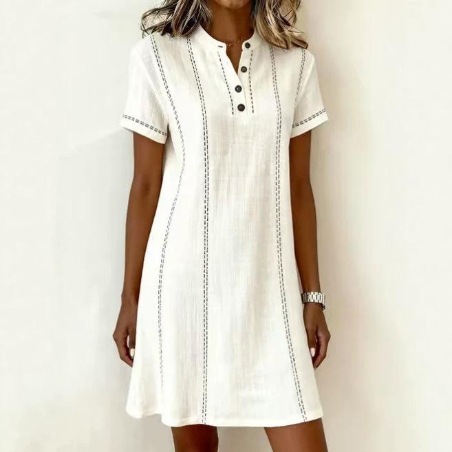 Women s Short Sleeve Round Neck Button Front A Line Dress Multi Colors S белый