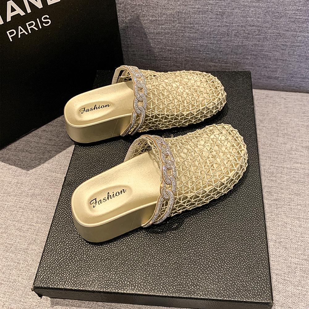 Retro Woven Fishing Net Sandals Women's Outdoor Summer New Diamond Thick Heel One-Strap Head Covering Half Slippers