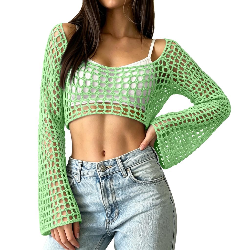 Women's Sunscreen Hollow Long Sleeve Backless Bikini Beach Dress Knit Sweater Cover-Up
